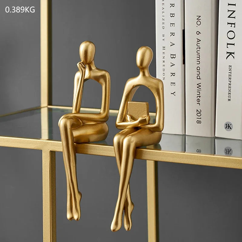 Gold Thinker Resin Sculpture | Modern Bookshelf & Desk Figurine
