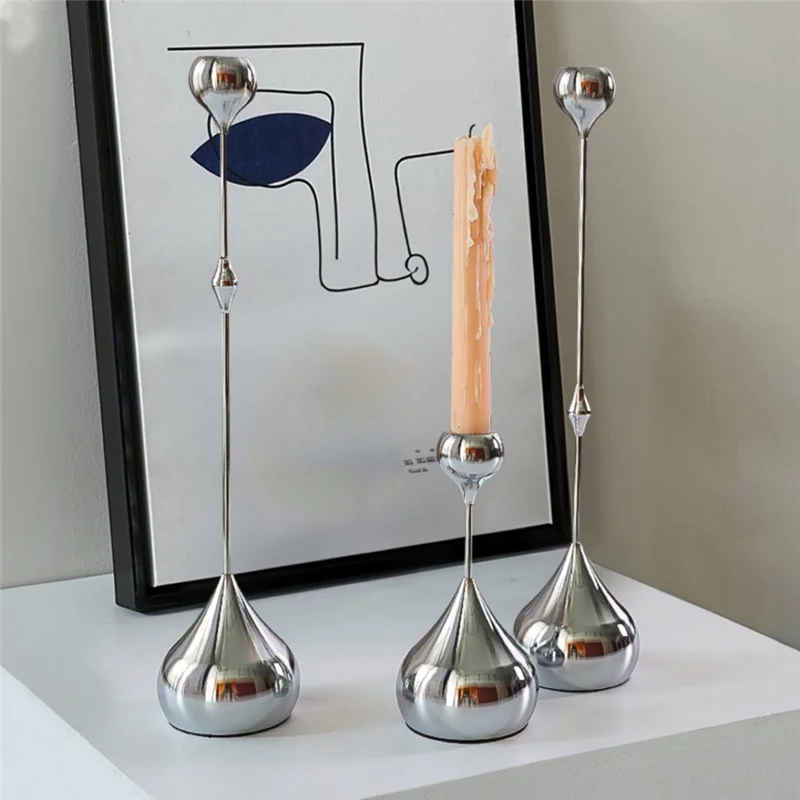 Silver Teardrop Metal Candlestick Holders – Set of 3