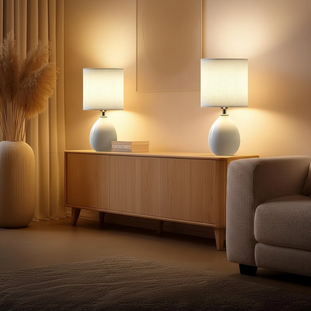 Ceramic Table Lamps Set of 2 | Dimmable Linen Shade Bedside Lamps