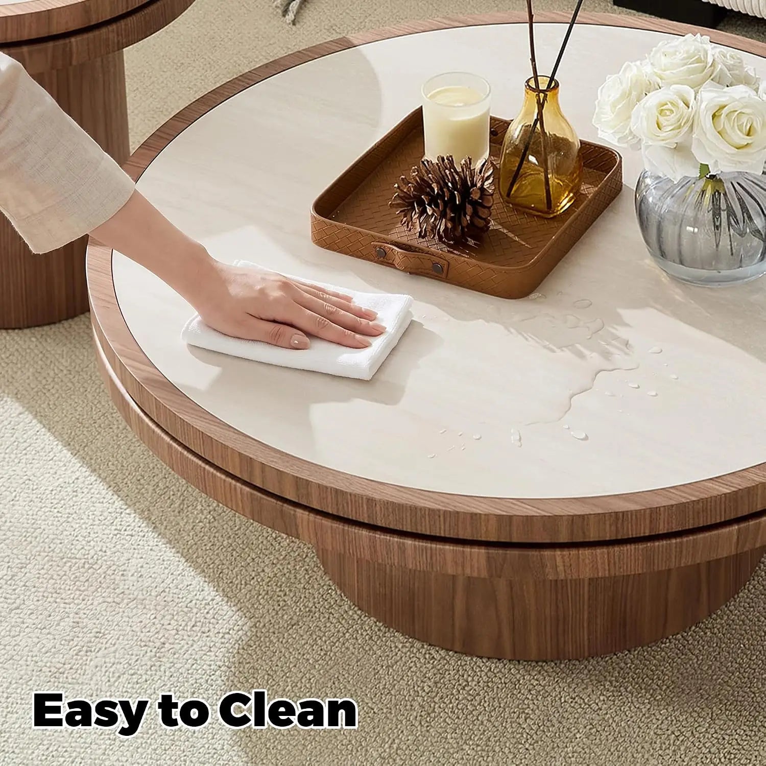 Round Travertine-Style Pedestal Coffee Table