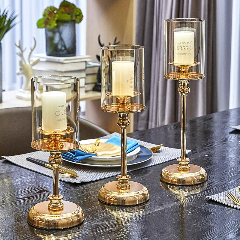 Golden Glass Pillar Candle Holder | Wedding & Event Table Decor