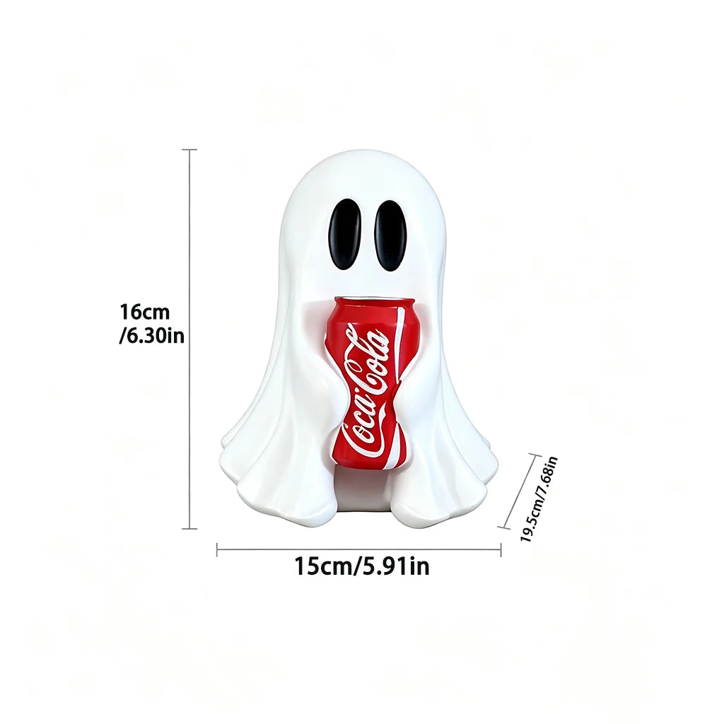 Ghost Resin Figurine Holding Cola Can – Kawaii Halloween Desk Décor