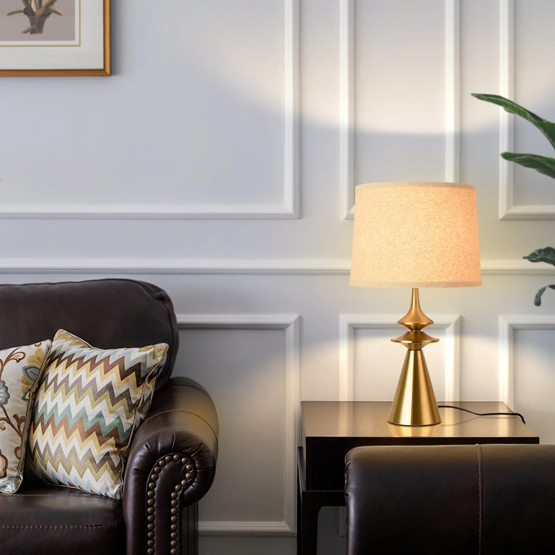 24" Gold Table Lamp | Modern Brass Base with Beige Linen Shade