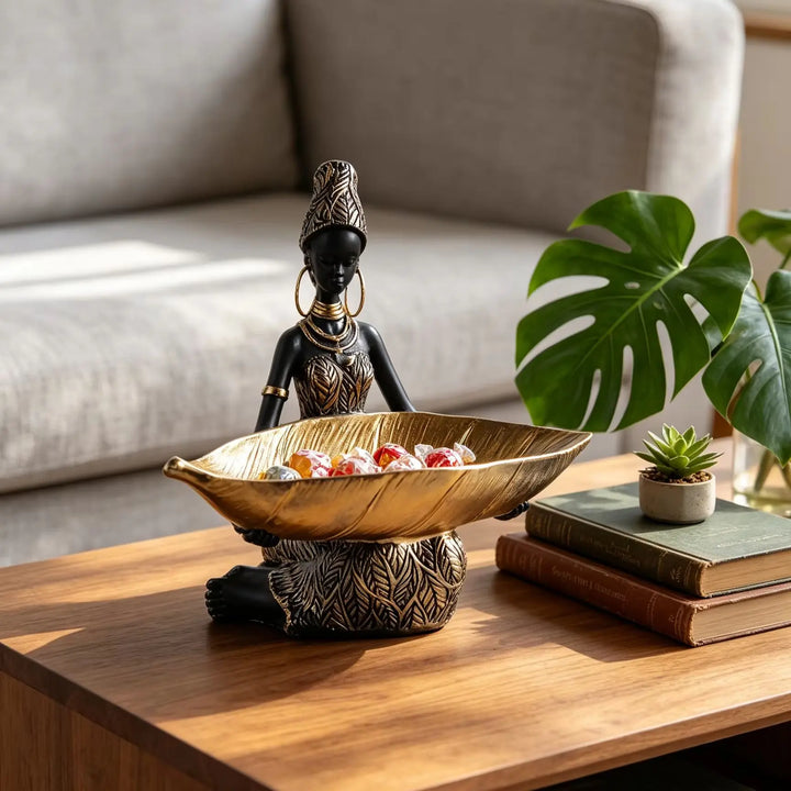 African Girl Resin Sculpture & Storage Tray | Black & Gold Desk Decor