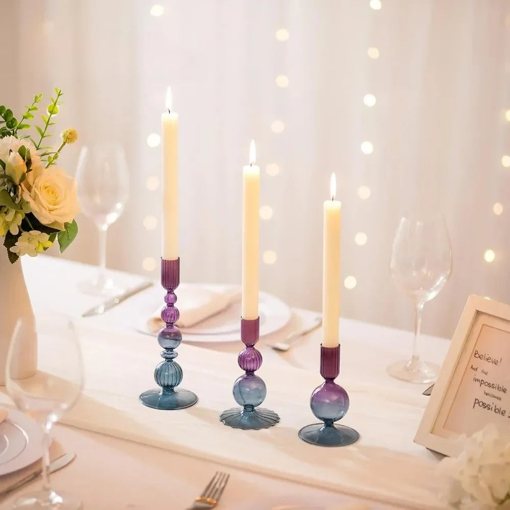 Glass Taper Candlestick Holders | Set of 3 Handmade Groovy & Wavy Styles for Home & Events
