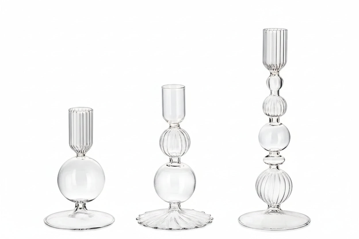 Glass Taper Candlestick Holders | Set of 3 Handmade Groovy & Wavy Styles for Home & Events