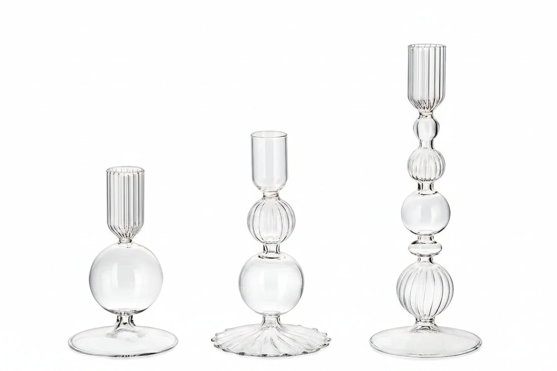 Glass Taper Candlestick Holders | Set of 3 Handmade Groovy & Wavy Styles for Home & Events