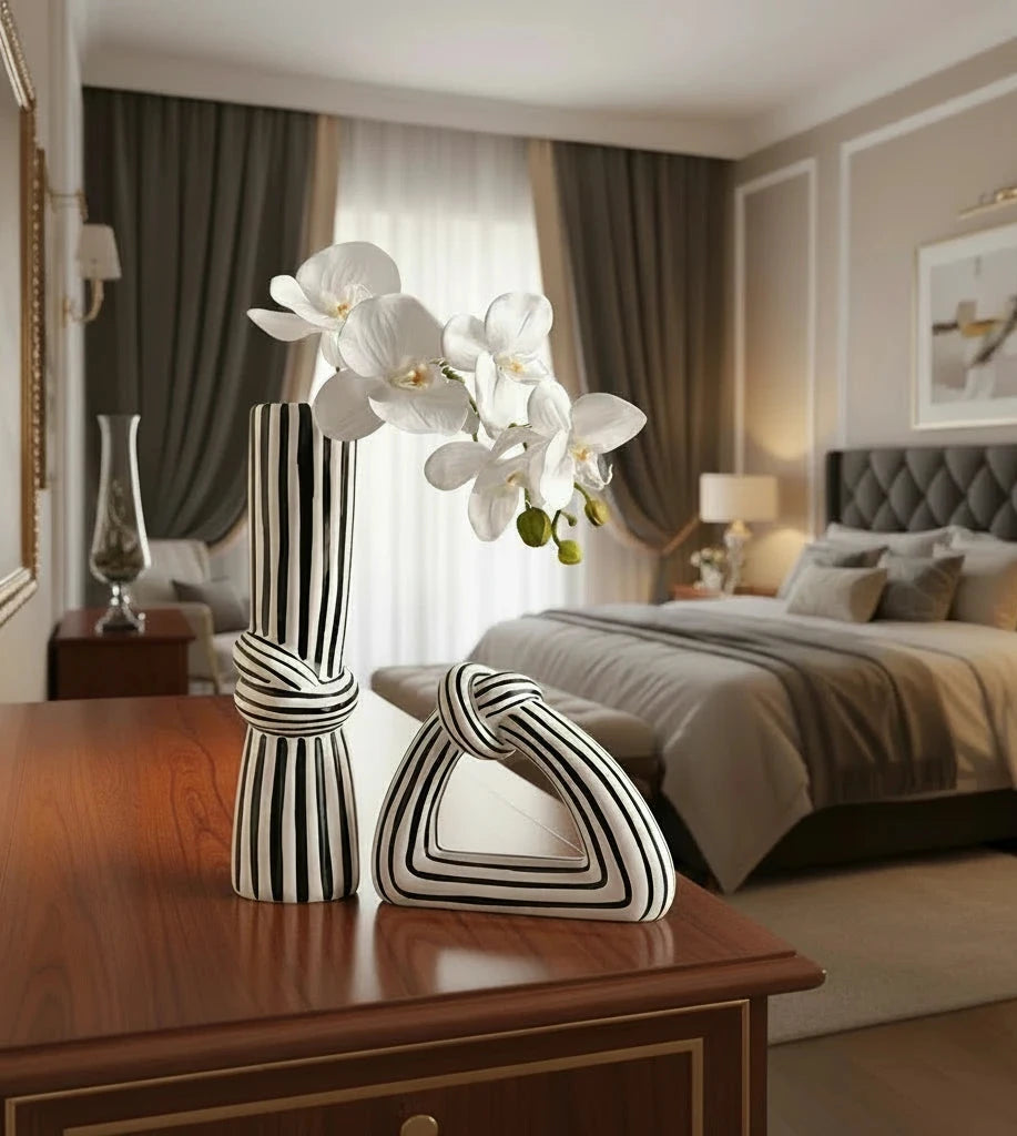 Black & White Striped Knot Ceramic Vase