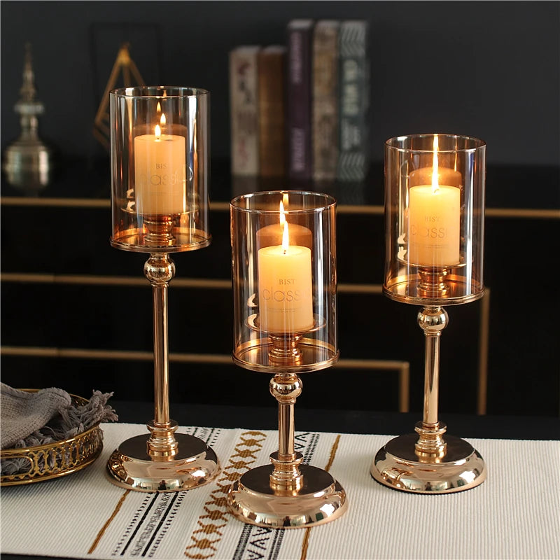 Golden Glass Pillar Candle Holder | Wedding & Event Table Decor