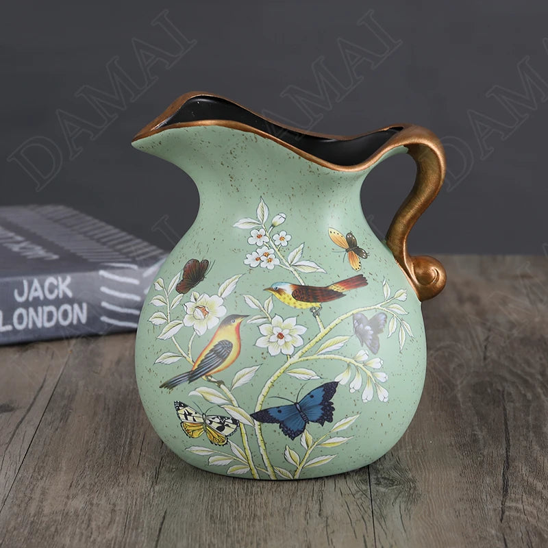 Hand-Painted Bird & Peony Ceramic Vase – European Style