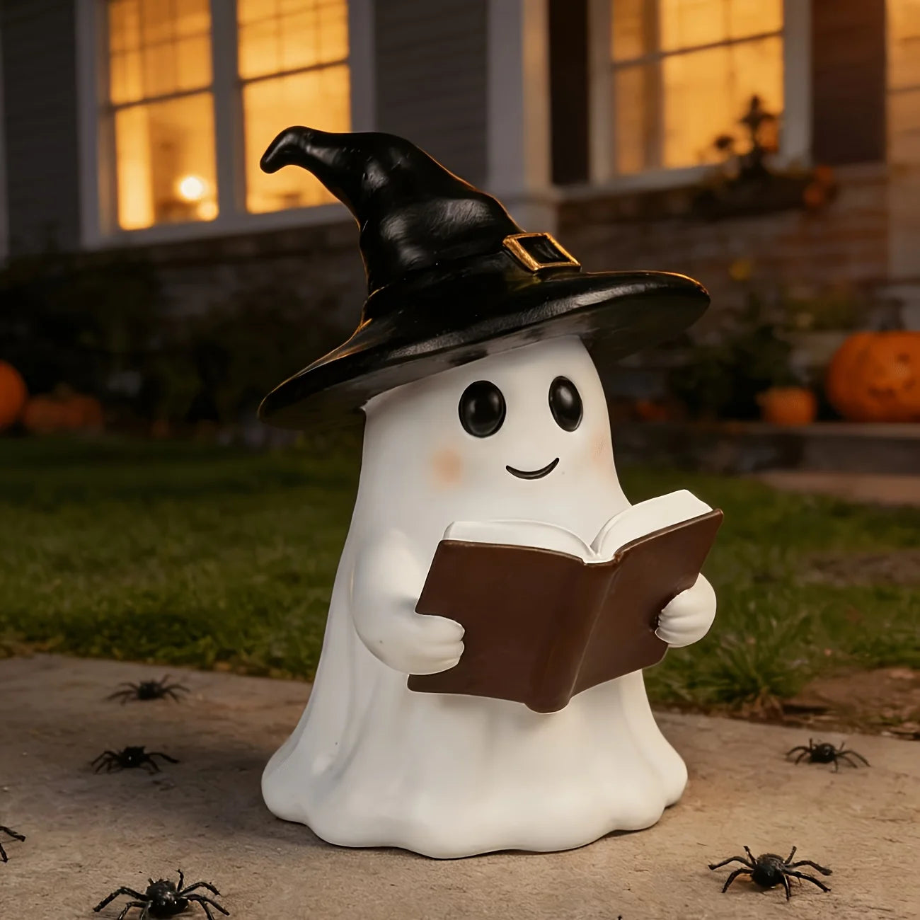 Ghost Reading Statue with Witch Hat – Halloween Tabletop Décor