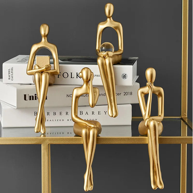 Gold Thinker Resin Sculpture | Modern Bookshelf & Desk Figurine