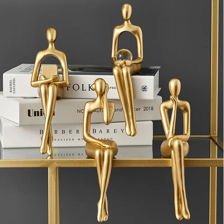 Gold Thinker Resin Sculpture | Modern Bookshelf & Desk Figurine