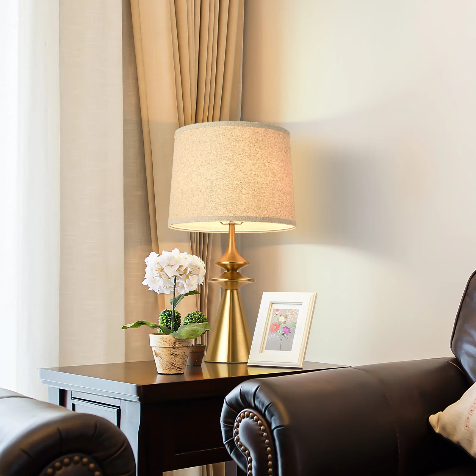 24" Gold Table Lamp | Modern Brass Base with Beige Linen Shade