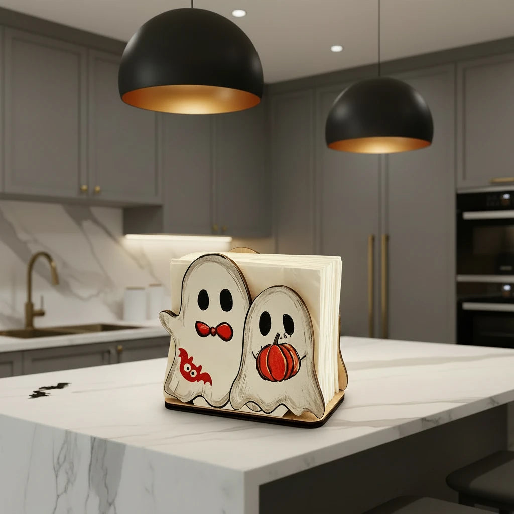 Ghost & Pumpkin Wooden Tissue Holder
