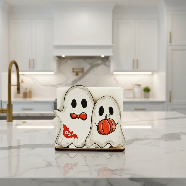 Ghost & Pumpkin Wooden Tissue Holder