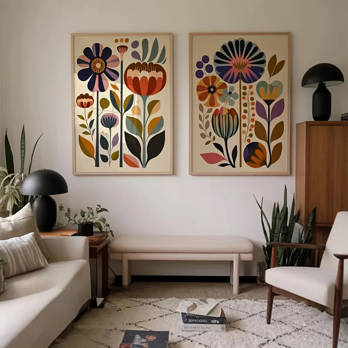 Boho Floral Canvas Wall Art Set of 2 | Nordic Scandinavian Print, Unframed
