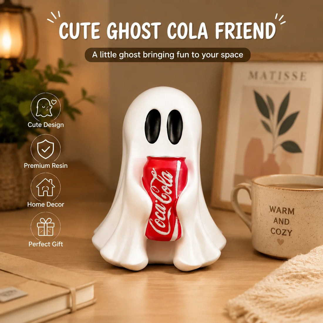 Ghost Resin Figurine Holding Cola Can – Kawaii Halloween Desk Décor