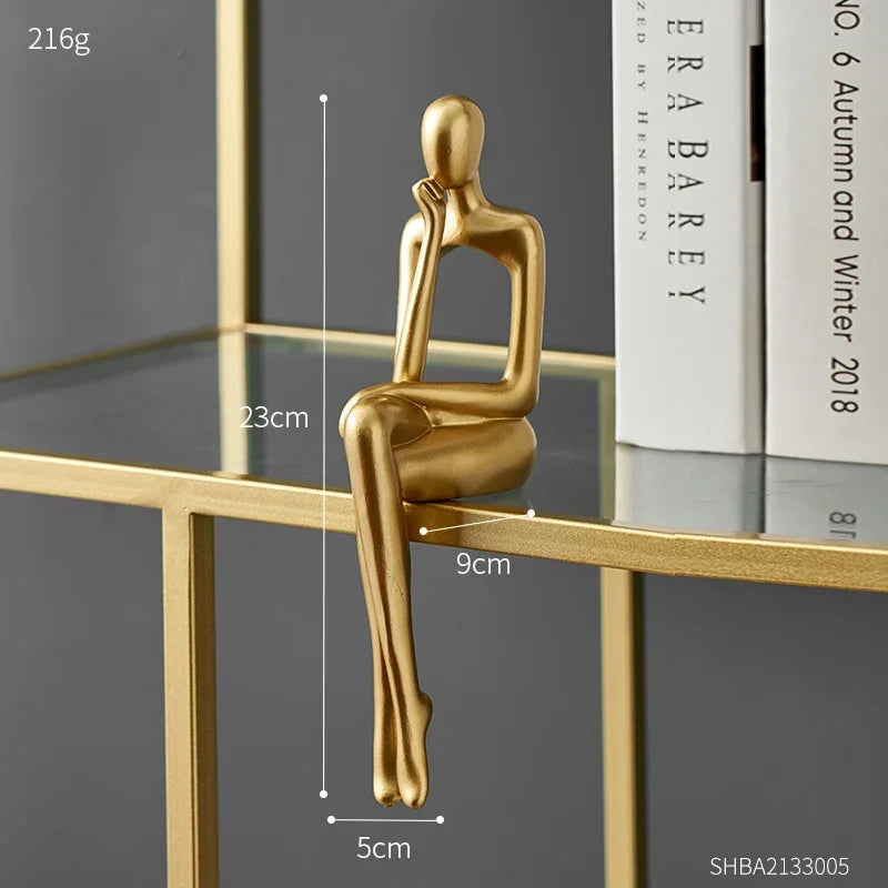 Gold Thinker Resin Sculpture | Modern Bookshelf & Desk Figurine