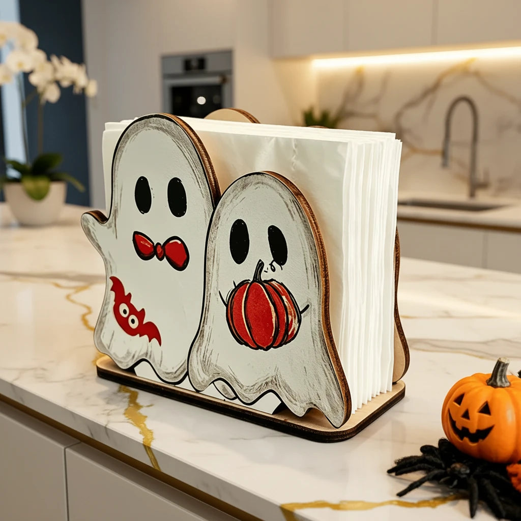 Ghost & Pumpkin Wooden Tissue Holder