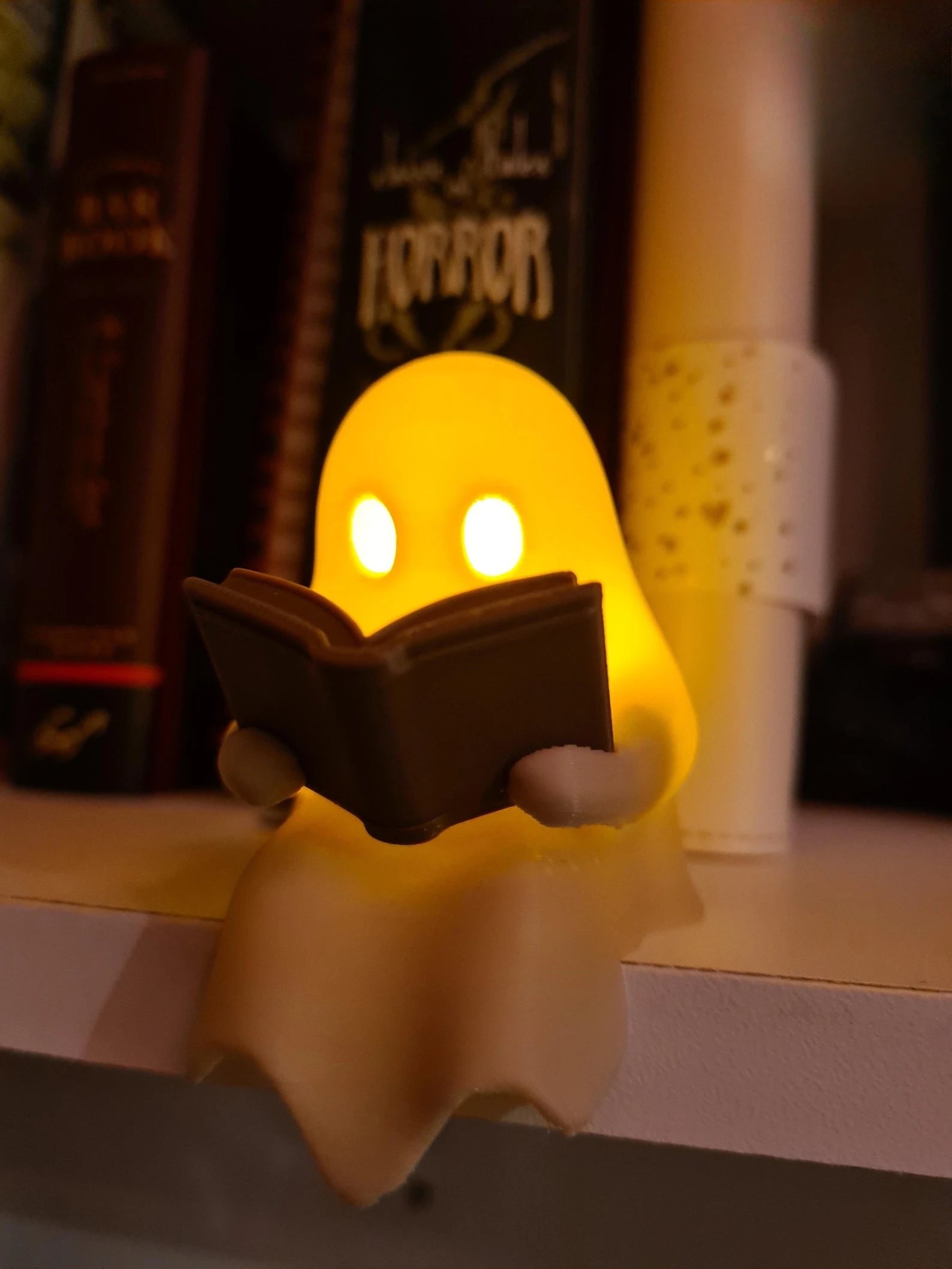 Reading Ghost Shelf Sitter with Flickering Tealight