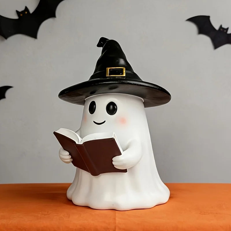 Ghost Reading Statue with Witch Hat – Halloween Tabletop Décor