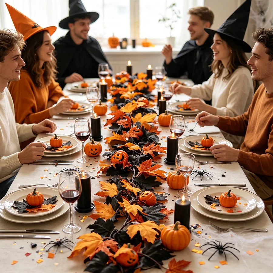 Black Fall Leaf & 3D Pumpkin Garland | Halloween Fireplace Decor