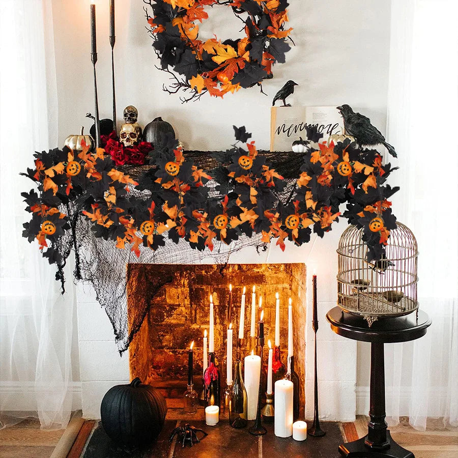 Black Fall Leaf & 3D Pumpkin Garland | Halloween Fireplace Decor