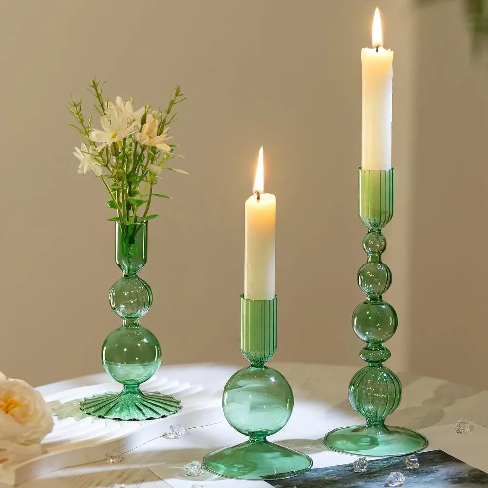 Glass Taper Candlestick Holders | Set of 3 Handmade Groovy & Wavy Styles for Home & Events