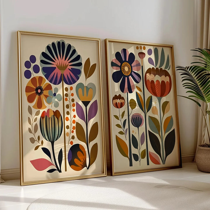 Boho Floral Canvas Wall Art Set of 2 | Nordic Scandinavian Print, Unframed
