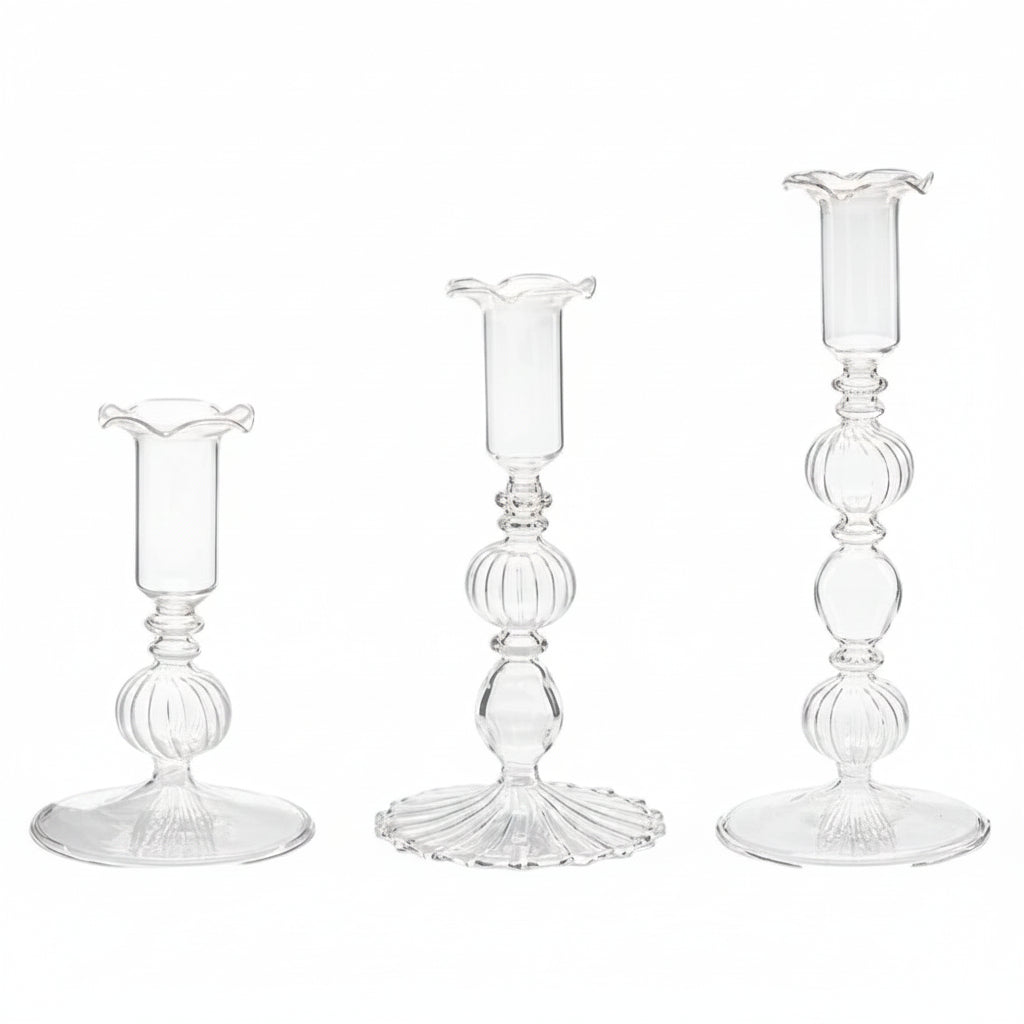 Glass Taper Candlestick Holders | Set of 3 Handmade Groovy & Wavy Styles for Home & Events