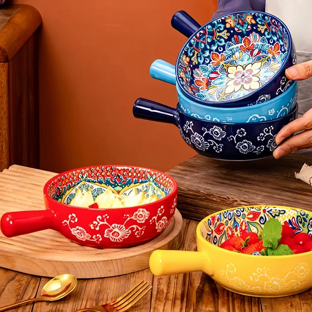 Hand-Painted Ceramic Bowl with Handle