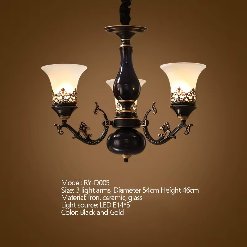 French Retro LED Chandelier – Ceramic Shade, 3/5/6/8 Arms