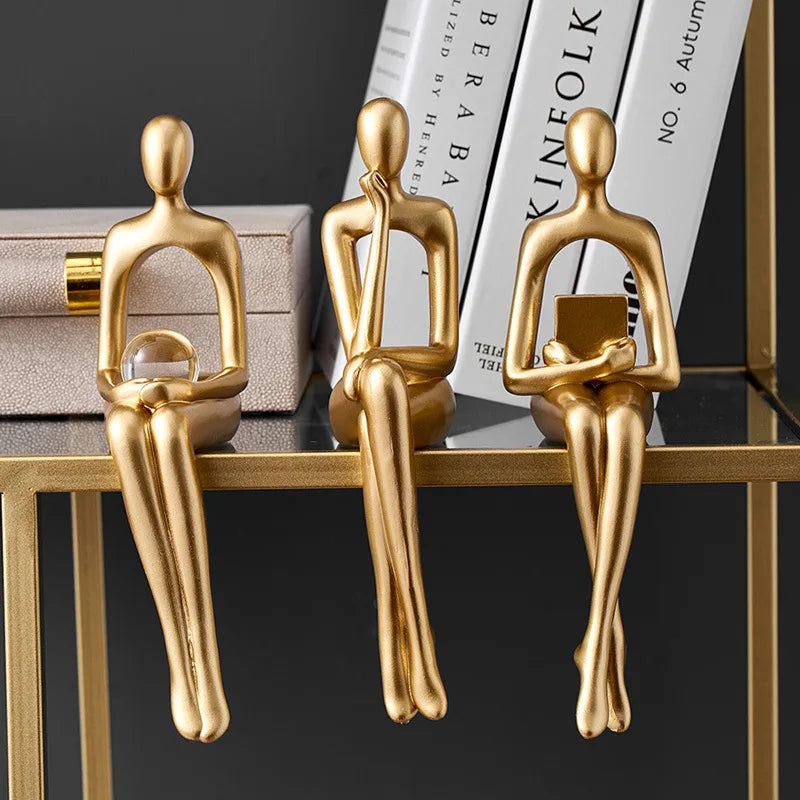 Gold Thinker Resin Sculpture | Modern Bookshelf & Desk Figurine