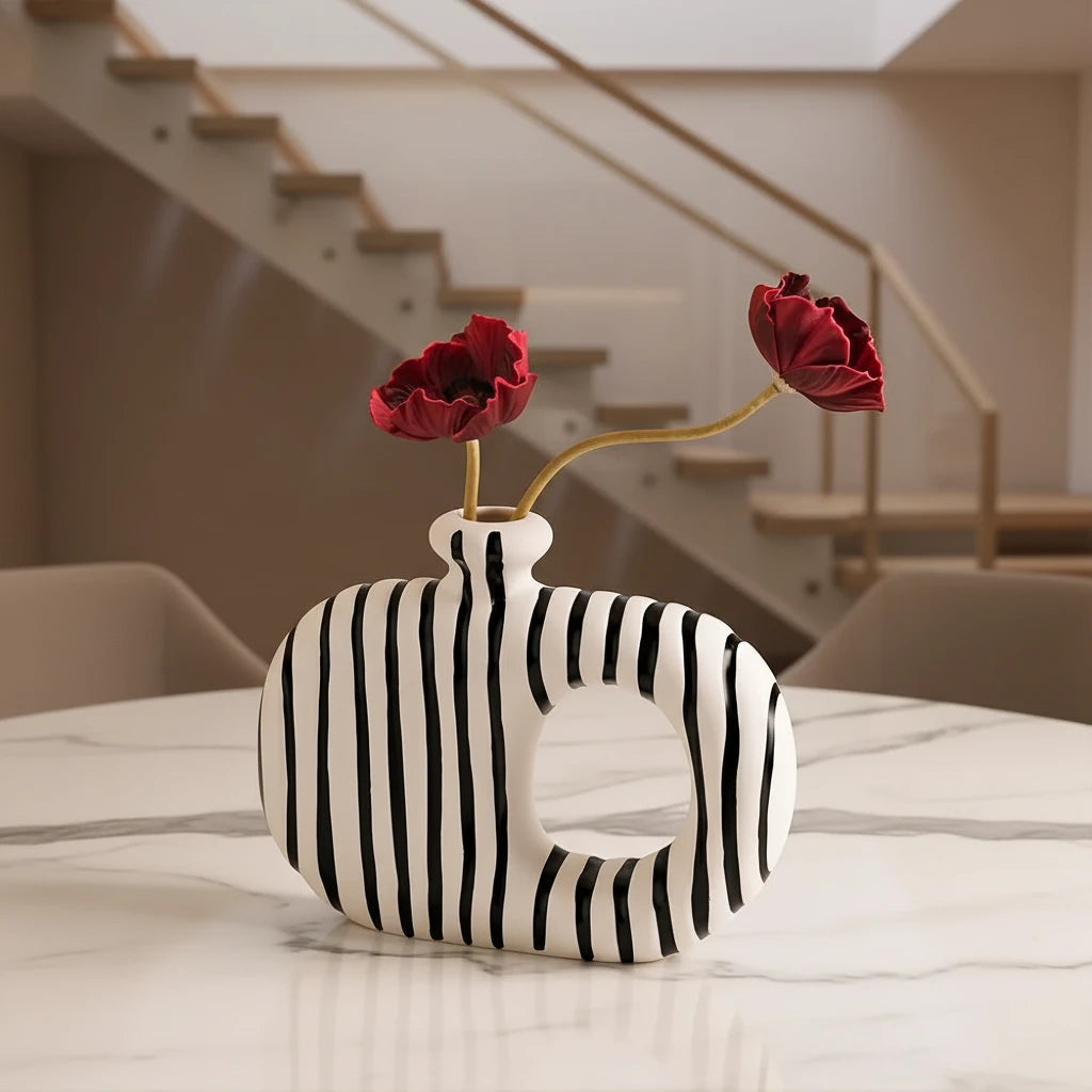 Black & White Striped Knot Ceramic Vase