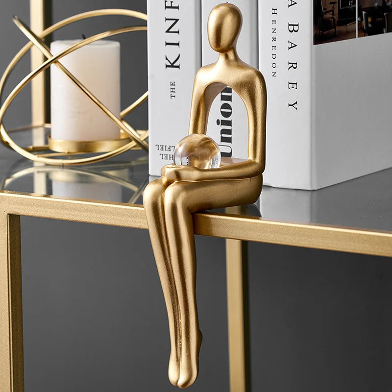 Gold Thinker Resin Sculpture | Modern Bookshelf & Desk Figurine