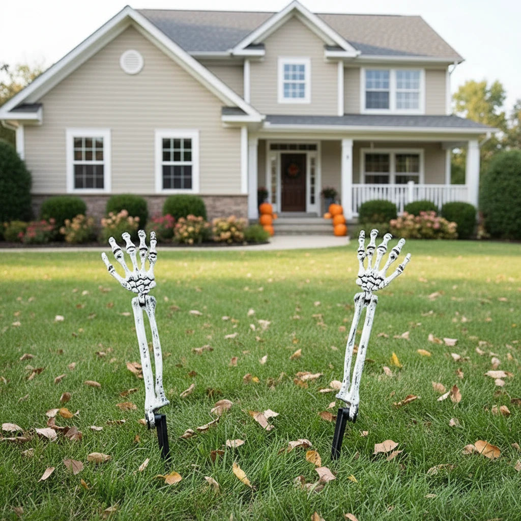 Skeleton Skull & Hand Garden Ground Stakes | Halloween Yard Decor