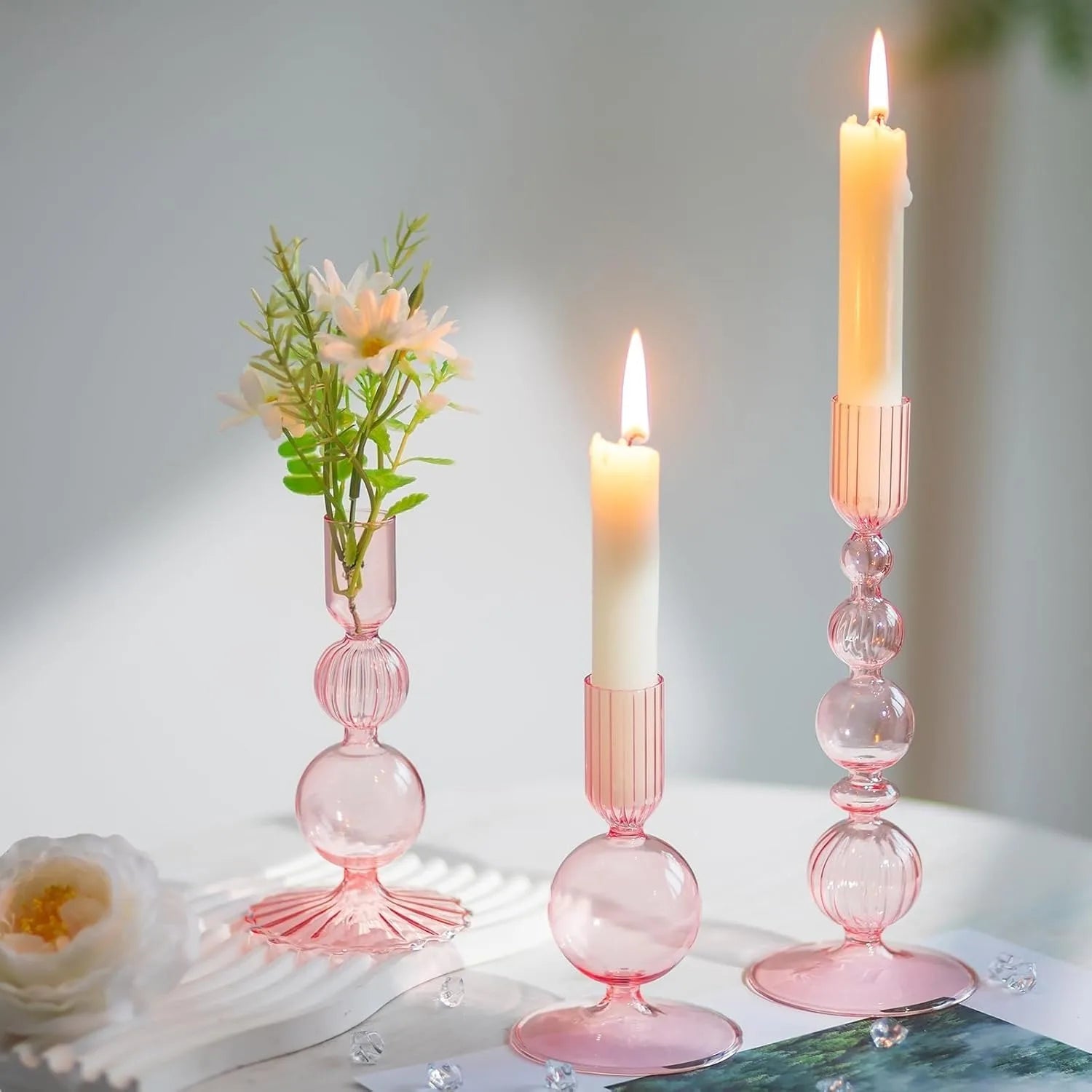 Glass Taper Candlestick Holders | Set of 3 Handmade Groovy & Wavy Styles for Home & Events