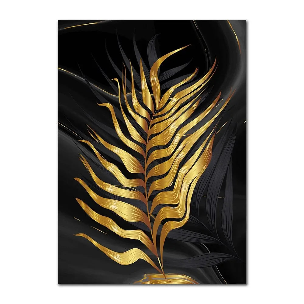Gold Leaves Abstract Canvas Wall Art | Modern Black & Gold Print