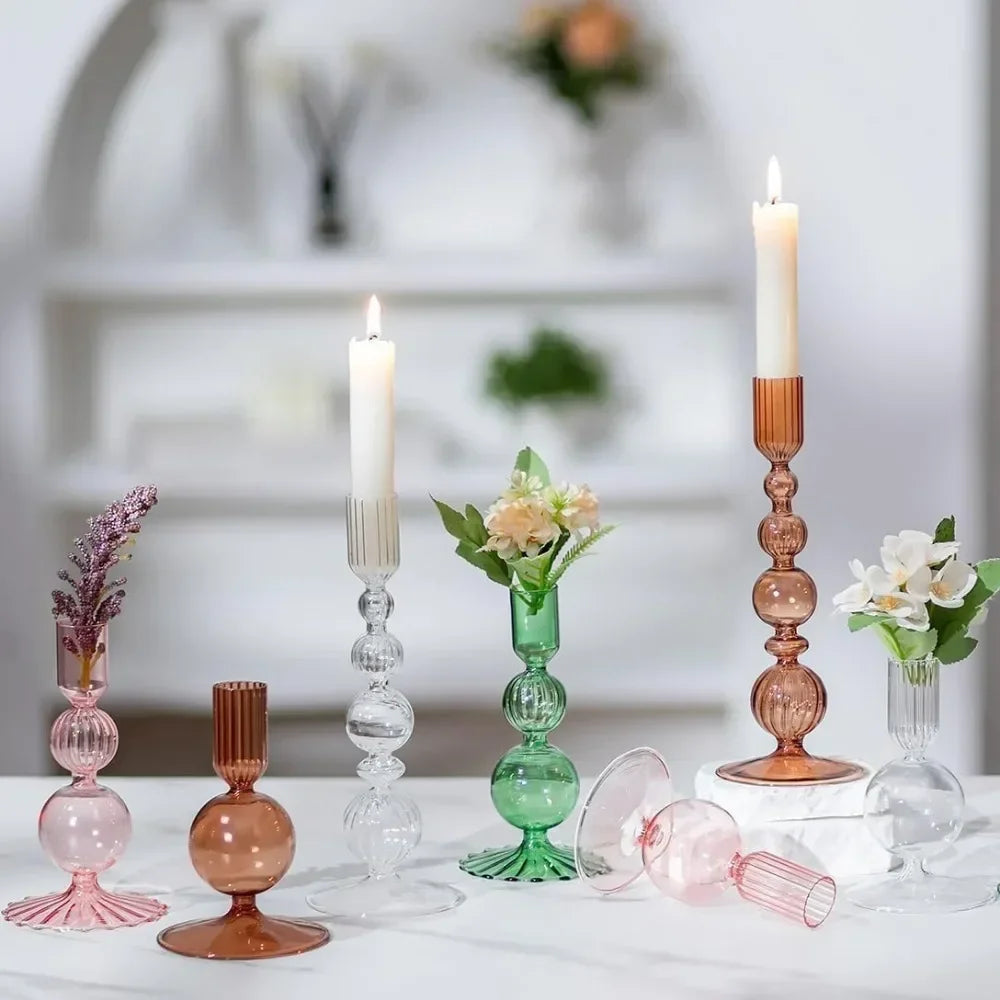 Glass Taper Candlestick Holders | Set of 3 Handmade Groovy & Wavy Styles for Home & Events