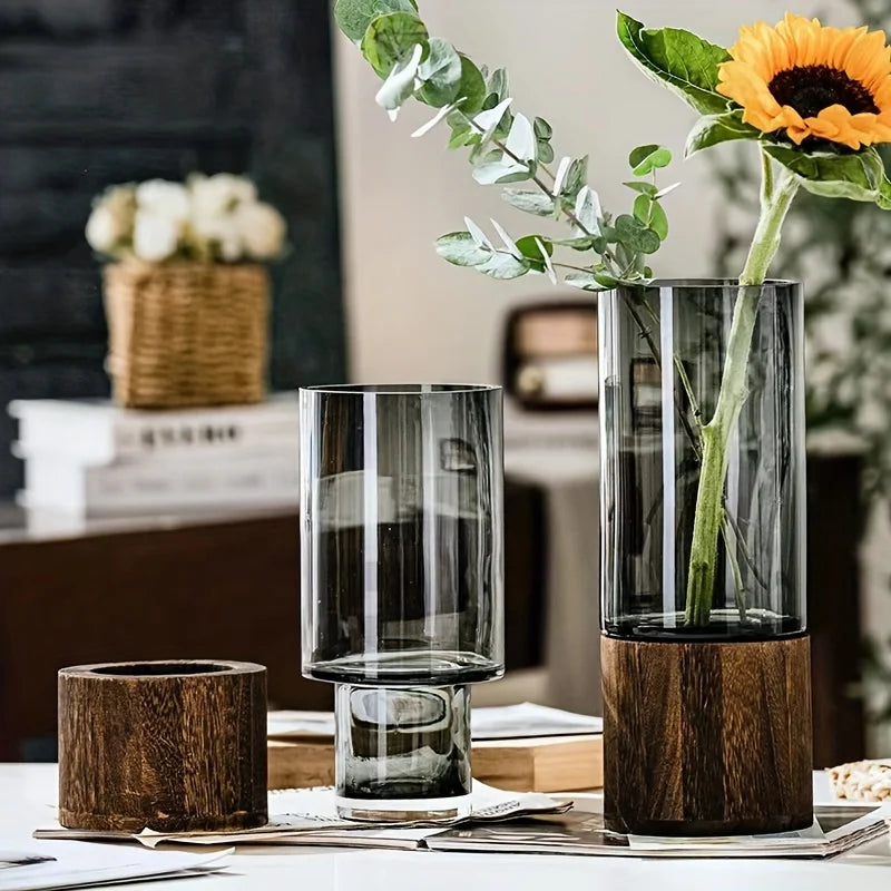 Glass Vase with Wooden Base