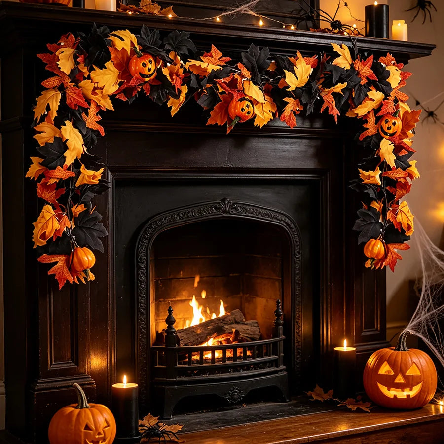 Black Fall Leaf & 3D Pumpkin Garland | Halloween Fireplace Decor