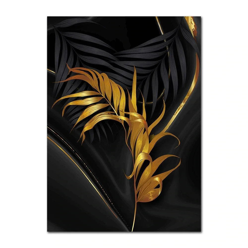 Gold Leaves Abstract Canvas Wall Art | Modern Black & Gold Print