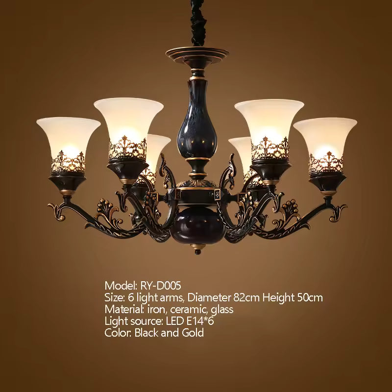 French Retro LED Chandelier – Ceramic Shade, 3/5/6/8 Arms