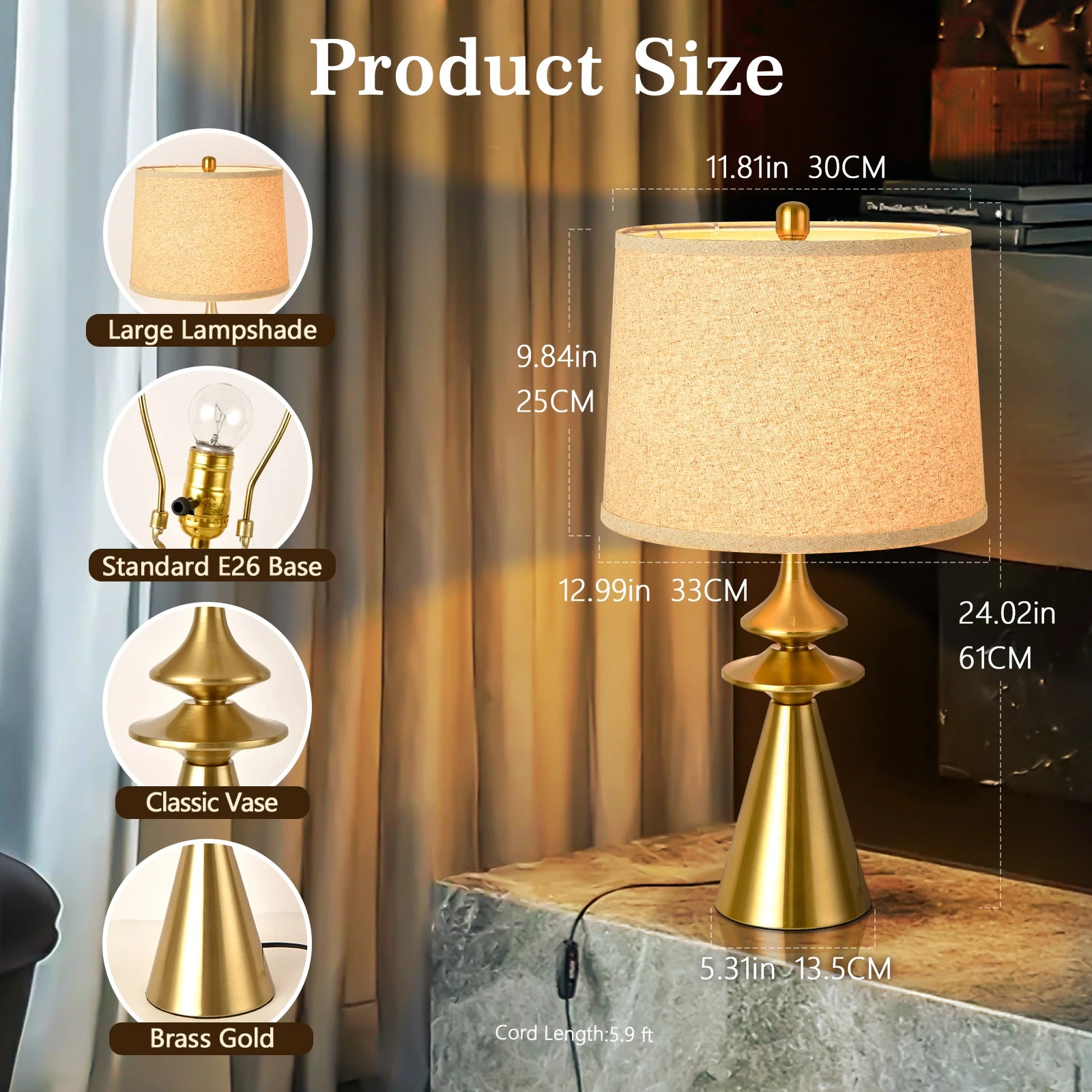 24" Gold Table Lamp | Modern Brass Base with Beige Linen Shade