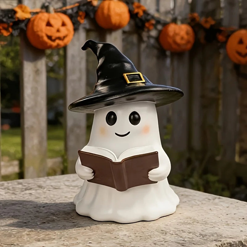 Ghost Reading Statue with Witch Hat – Halloween Tabletop Décor