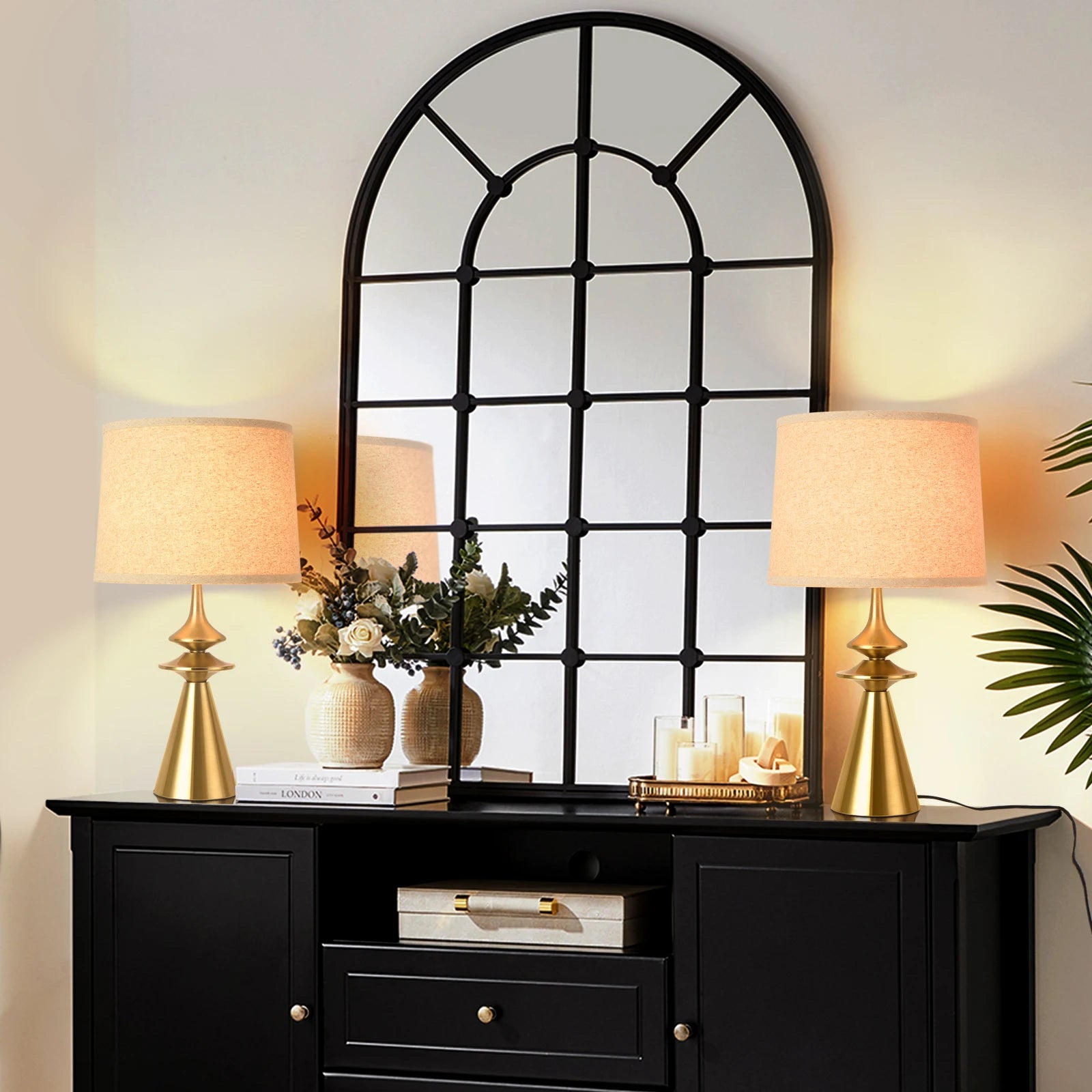 24" Gold Table Lamp | Modern Brass Base with Beige Linen Shade