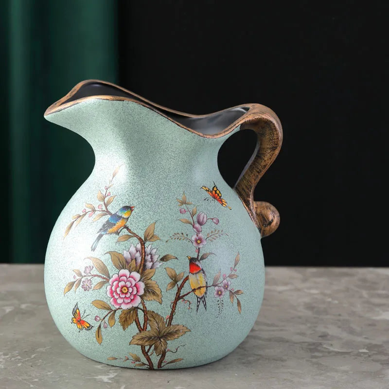 Hand-Painted Bird & Peony Ceramic Vase – European Style