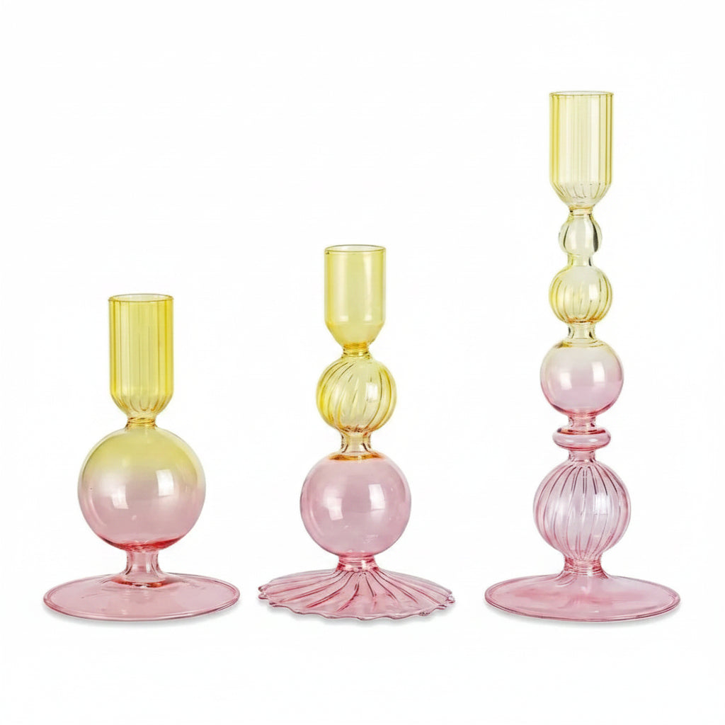 Glass Taper Candlestick Holders | Set of 3 Handmade Groovy & Wavy Styles for Home & Events