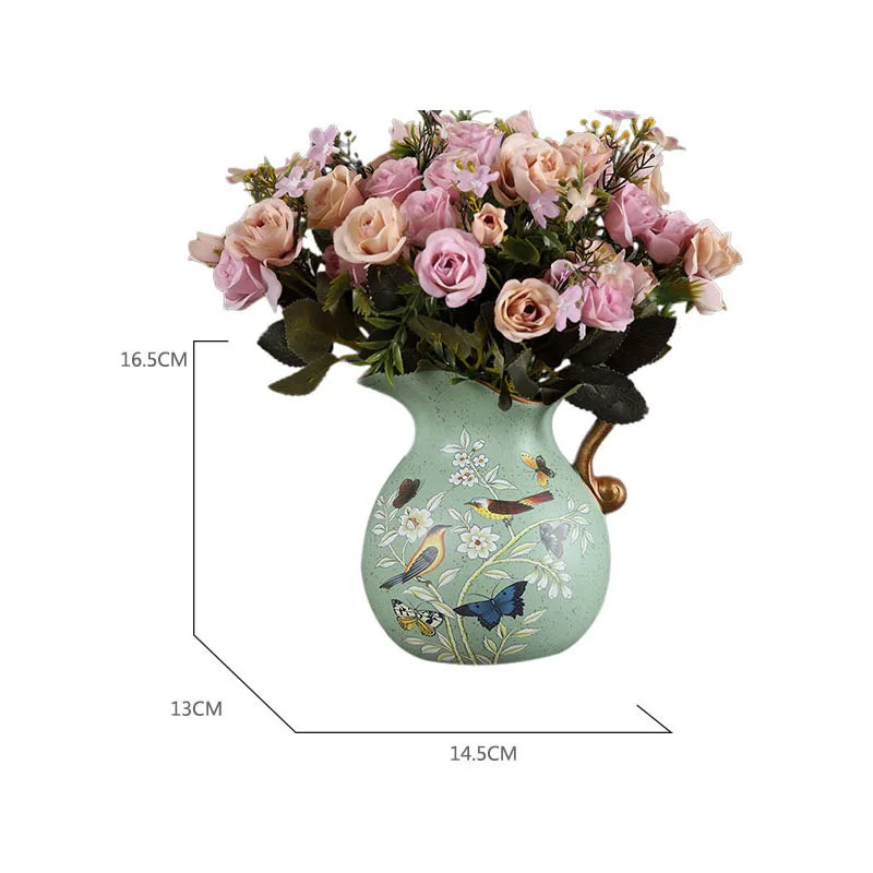 Hand-Painted Bird & Peony Ceramic Vase – European Style